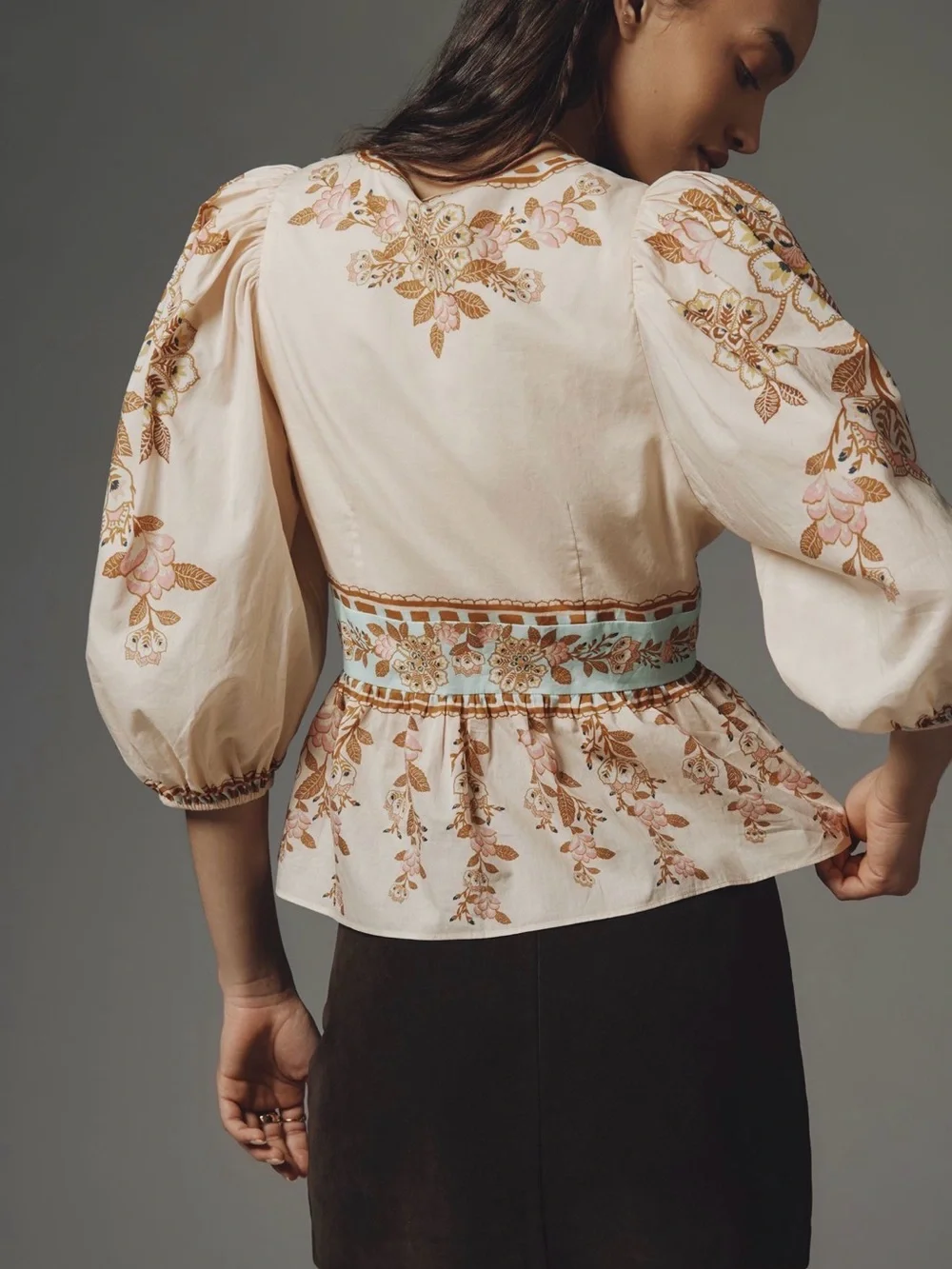 FARM Rio Cream Floral Embroidered Peasant Blouse with Blue Accents